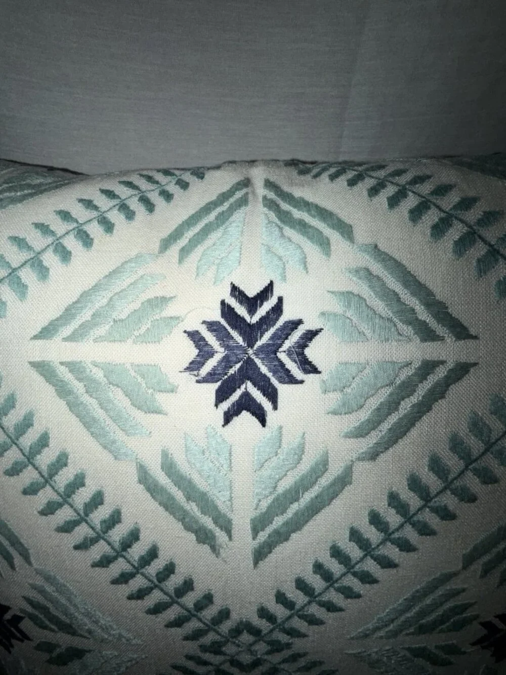 2 Envogue Seafoam Green Cream Navy Blue Embroidered 18X18 BOHO Throw Pillows